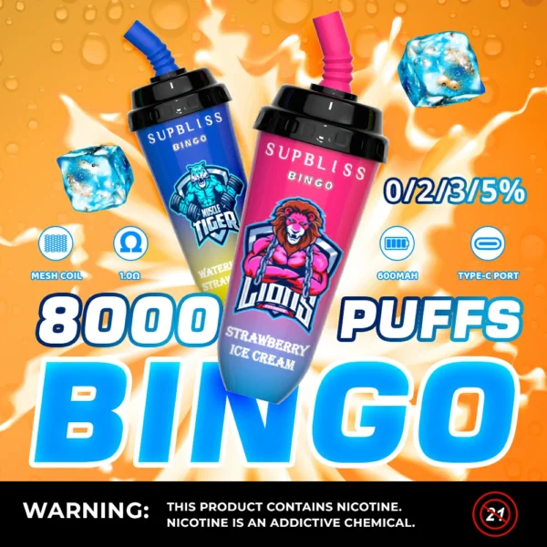 RandM Supbliss Bingo 8000 Puffs 0% 2% 3% 5% Caneta Vapes descartáveis ​​recarregáveis ​​com baixo teor de nicotina em massa Compre no atacado - FishVape - 1