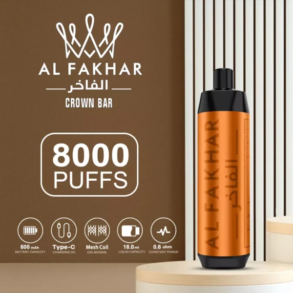 Al Fakhar Crown Bar 8000 Puffs Big Cloud DTL 2% Перезаряжаемая одноразовая ручка для вейпов с низким содержанием никотина Купить оптом - FishVape - 1