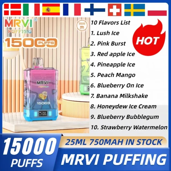 MRVI Puffing 15000 Puffs Dual Mesh Digital Képernyő 2% 5% Alacsony nikotintartalmú újratölthető eldobható Vapes Pen tömeges vásárlás Nagyker - FishVape - 1