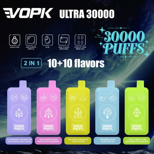 VOPK ULTRA 30000 Puffs Double Flavour Dual Mesh Digital Screen 2% Low Nicotine Rechargeable Disposable Vapes Pen Bulk Buy Wholesale - FishVape - 1